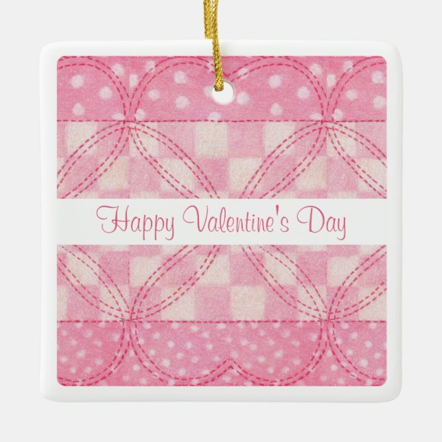 PINK HEART QUILT Valentine Céramique Sq. Ornement (Devant)
