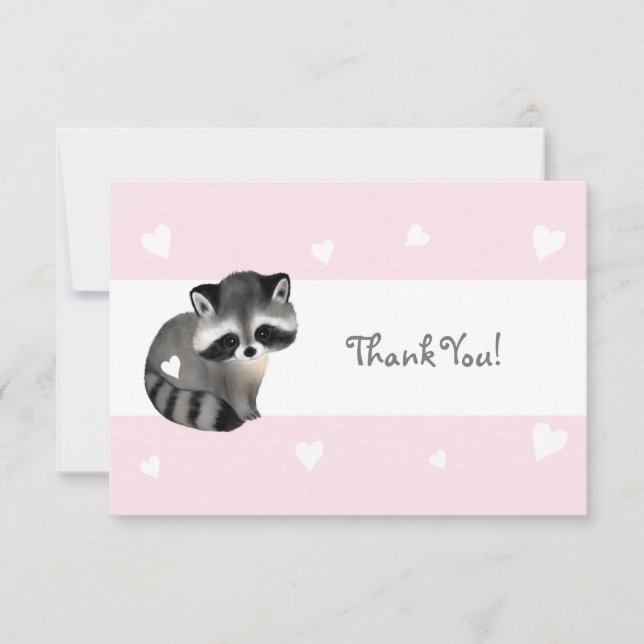 Pink Heart Raccoon Thank You Card (Front)
