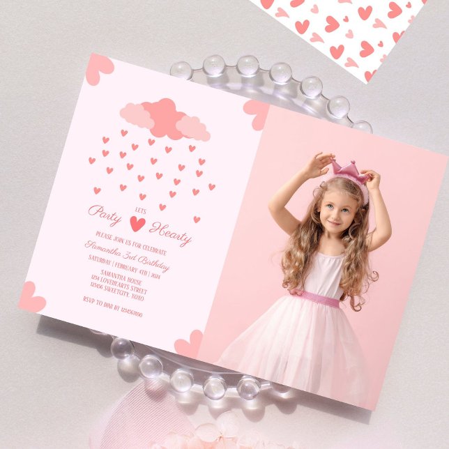 Pink Heart Rain Delight Birthday Photo Invitation (Creator Uploaded)
