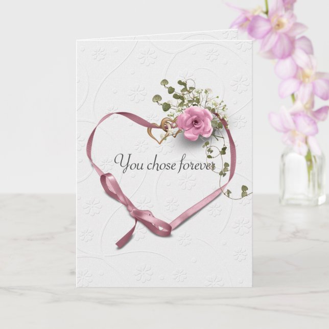 Pink Heart Ribbon and Gold Wedding Rings  Card (Orchid)