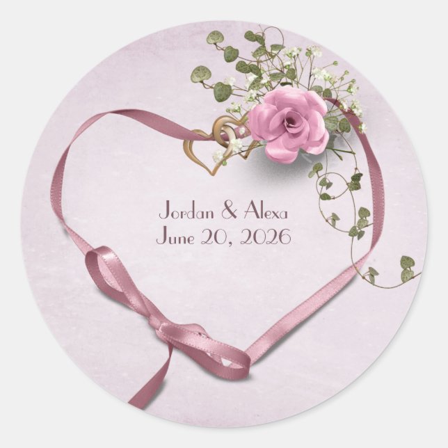 pink heart ribbon for wedding announcement classic round sticker (Front)