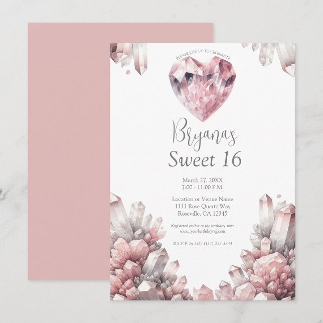 Pink Heart Rose Quartz Love Crystal Sweet 16 Invitation (Front/Back)