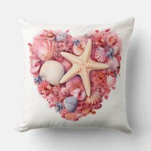 PINK HEART SHAPED SUMMER SEASHELL STILL LIFE THROW PILLOW