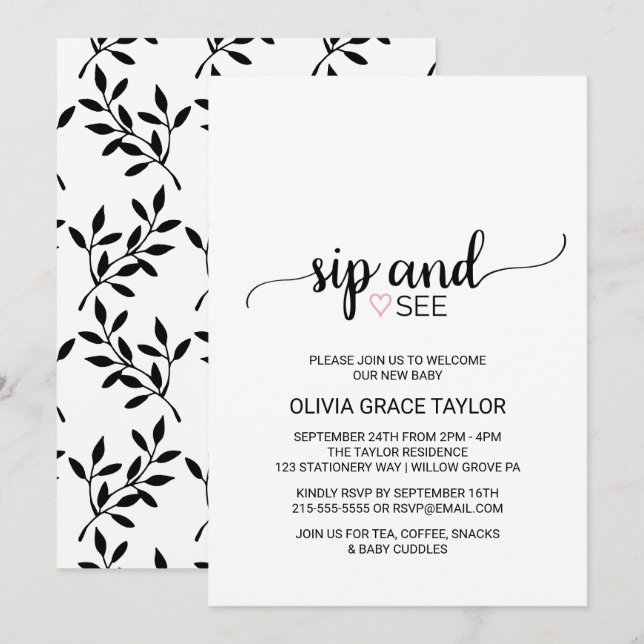Pink Heart | Simple Black Calligraphy Sip and See Invitation (Front/Back)