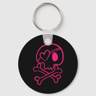 Pink Heart Skull and Crossbones Button Keychain