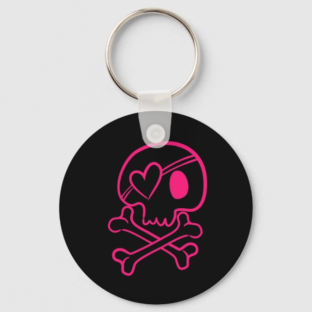 Pink Heart Skull and Crossbones Button Keychain (Front)