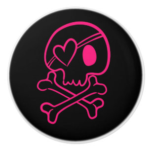 Pink Heart Skull and Crossbones Ceramic Knob