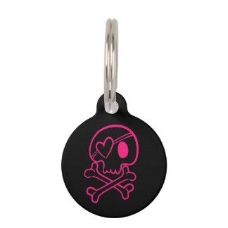 Pink Heart Skull and Crossbones Pet Tag