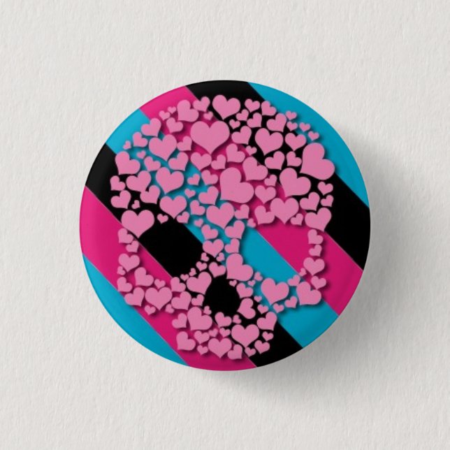 Pink Heart Skull on Stripes 1 Inch Round Button (Front)