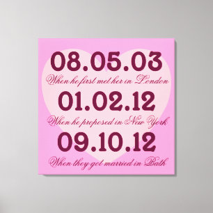 Pink Heart Special Dates Stretched Canvas Print