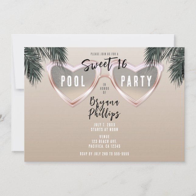 Pink Heart Sunglasses Chic Sweet 16 Pool Party Invitation (Front)