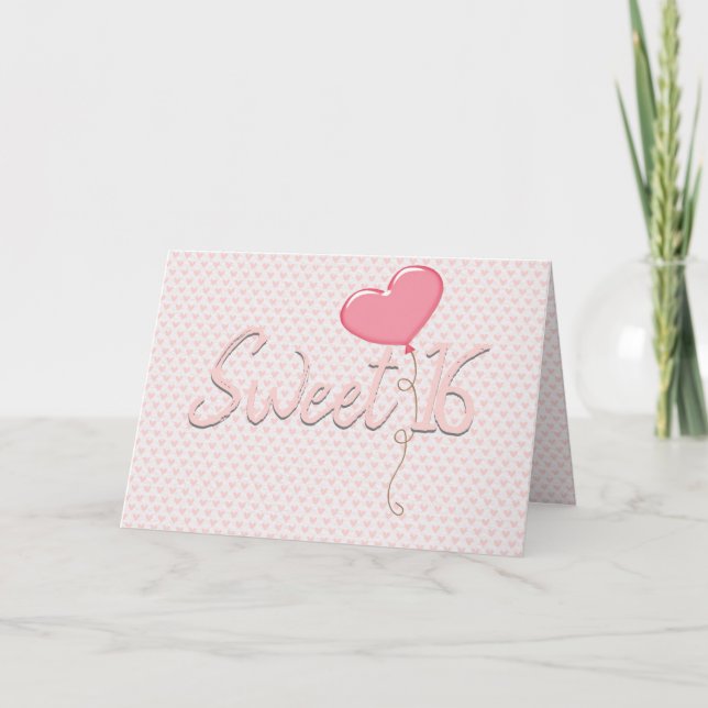 Pink Heart Sweet 16 Birthday Balloon Card (Front)