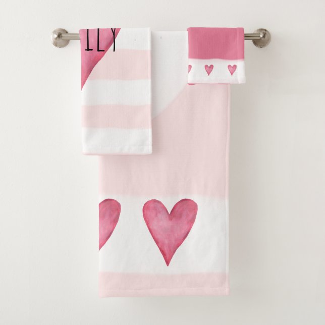 Pink Heart Typography Baby Love with Name Bath Towel Set (Insitu)