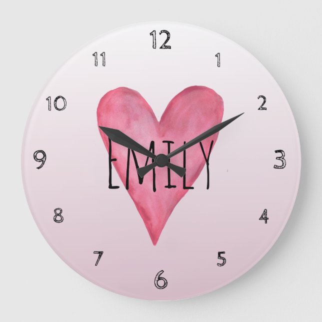 Pink Heart Typography Girl Love & Name Nursery Large Clock (Front)