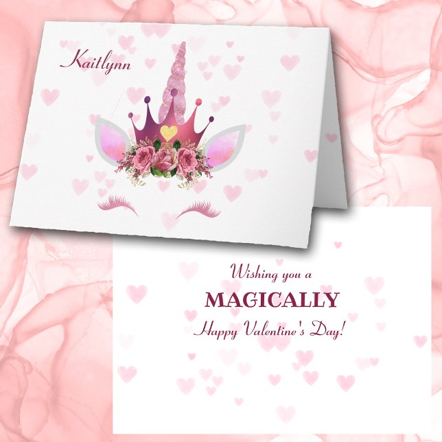 Pink Heart Unicorn Personalized Valentine Card (Creator Uploaded)
