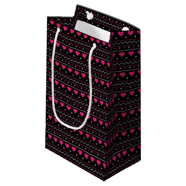 Pink heart valentine love pattern black background small gift bag (Front Angled)