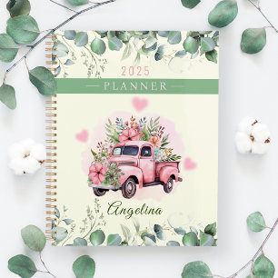 Pink Heart Vintage Floral Truck Personalize Name Planner