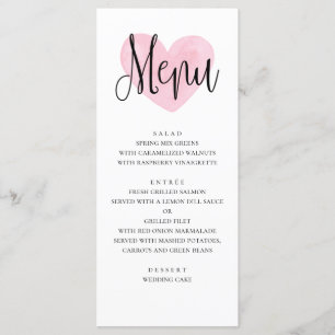 Pink heart wedding menu. Romantic modern dinner Menu