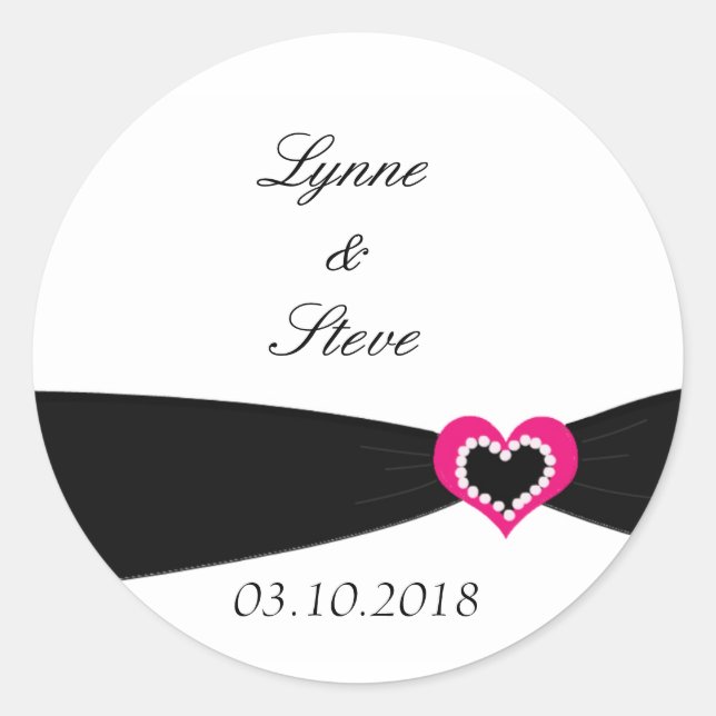 Pink Heart with Black Ribbon Save the Date Classic Round Sticker (Front)
