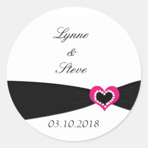 Pink Heart with Black Ribbon Save the Date Classic Round Sticker