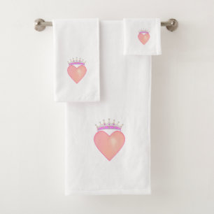Pink Heart with Crown on White Bath Towel Set