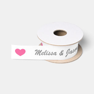 Pink Heart With Custom Wedding Couple Names Satin Ribbon