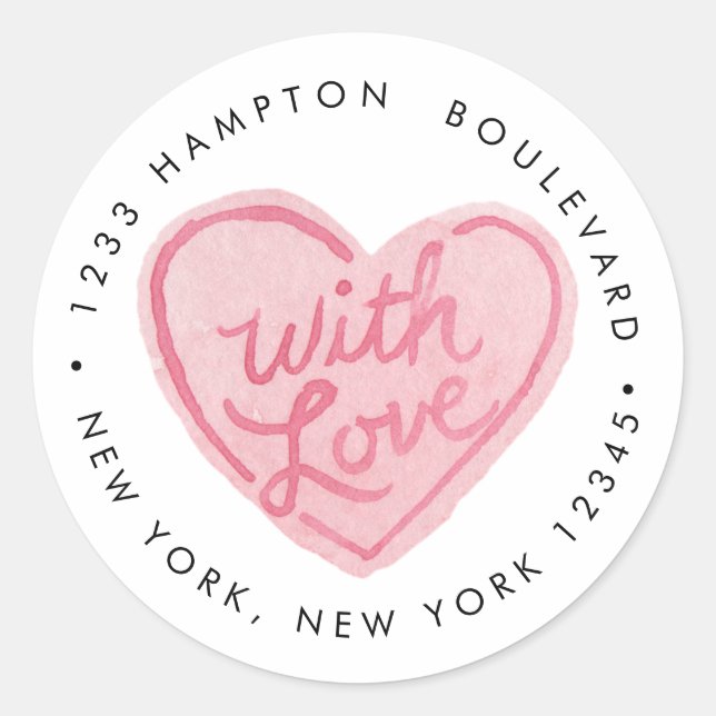 Pink Heart With Love Return Address Classic Round Sticker (Front)