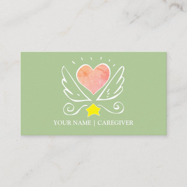 Pink Heart With Wings Caregiver On Blue Business Card (Front)