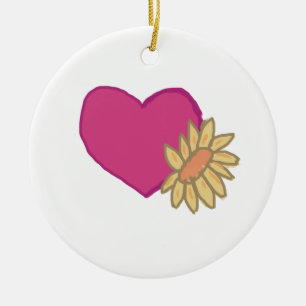 Pink Heart with Yellow sunflower Ceramic Ornament
