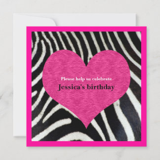 Pink Heart with Zebra Print Party Invitation
