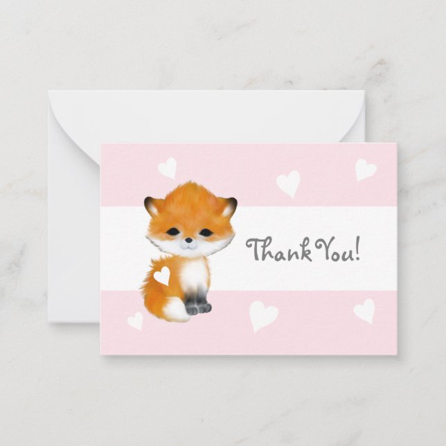 Pink Heart Woodland Animal Fox Thank You Notecards (Front)
