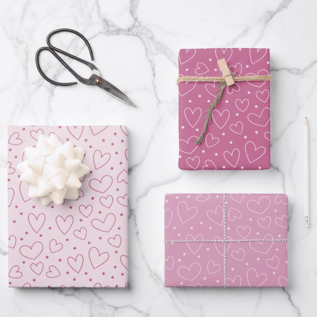 Pink Hearts and Dots Valentines Day Wrapping Paper Sheet (Front)