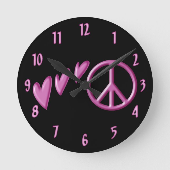 Pink hearts and peace sign wall clock. round clock (Front)