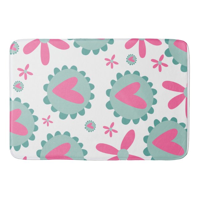 Pink Hearts And Pink Flower Pattern Bath Mat (Front)