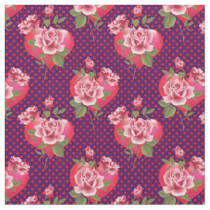 Pink Hearts and Roses on Dotted Purple   Valentine Fabric