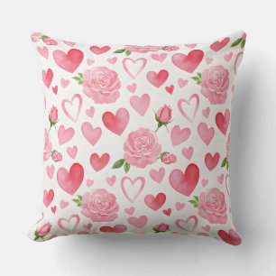 Pink Hearts and Roses Throw Pillow