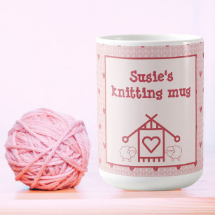 Pink hearts and sheep knitting coffee mug