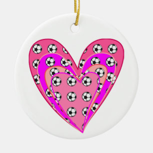 Pink Hearts And Soccer Balls Pattern Ceramic Ornament