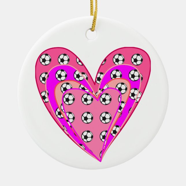 Pink Hearts And Soccer Balls Pattern Ceramic Ornament (Front)