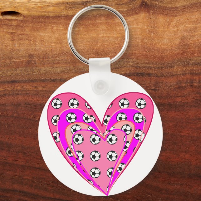 Pink Hearts And Soccer Balls Pattern Keychain (Front)