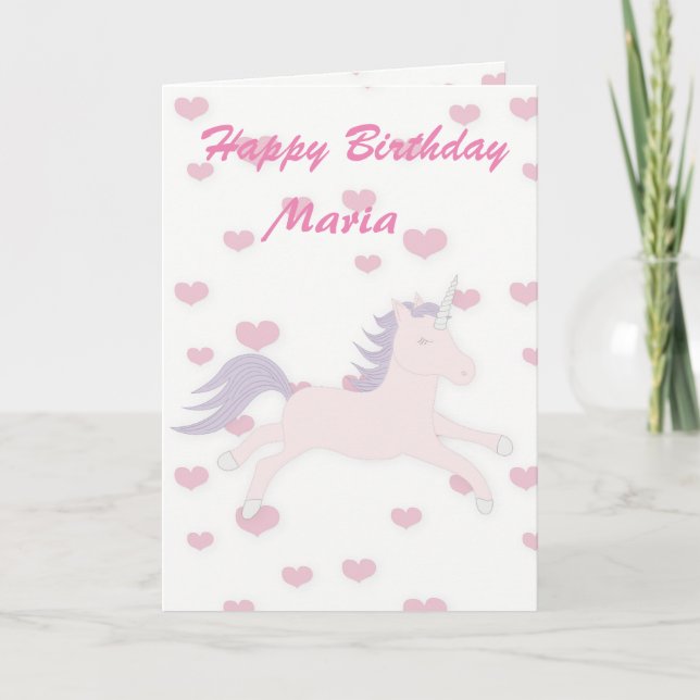 Pink Hearts and Unicorn. Card (Front)