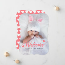 Pink hearts Baby Birth Photo Announcement