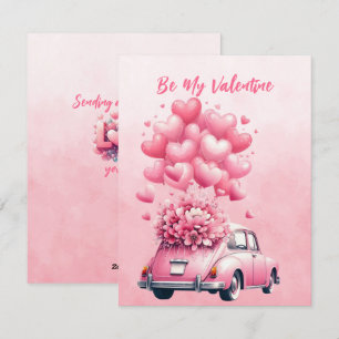 Pink Hearts Balloons Car In Pink  Holiday Card