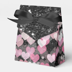 Pink Hearts Black Faux Glitter Black Bow Favor Box