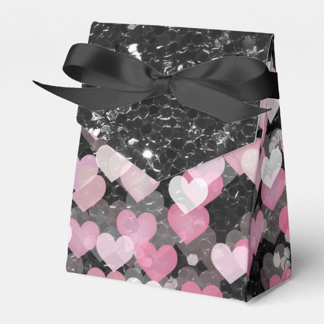 Pink Hearts Black Faux Glitter Black Bow Favor Box (Front Side)
