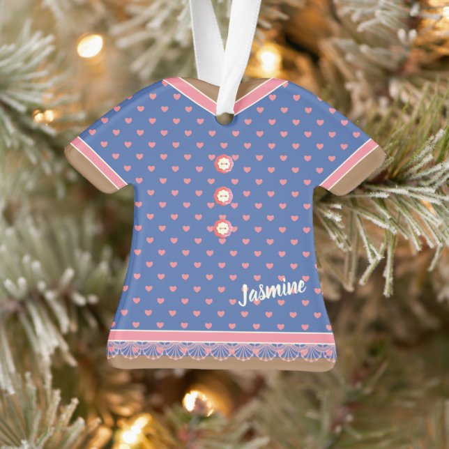 Pink Hearts Blue Dress Lace Trim Personalized Ornament (Tree)