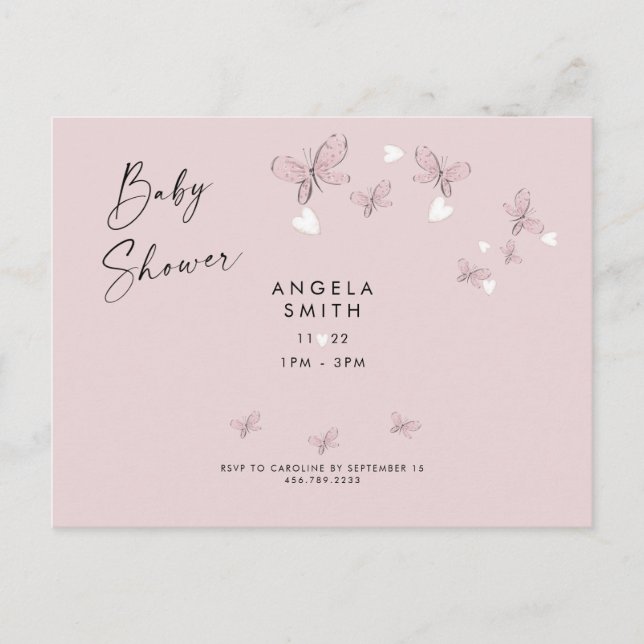 Pink Hearts & Butterflies Baby Shower Invitation P Postcard (Front)
