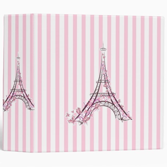 Pink Hearts & Butterflies Paris Eiffel Tower Girls Binder (Front/Spine)