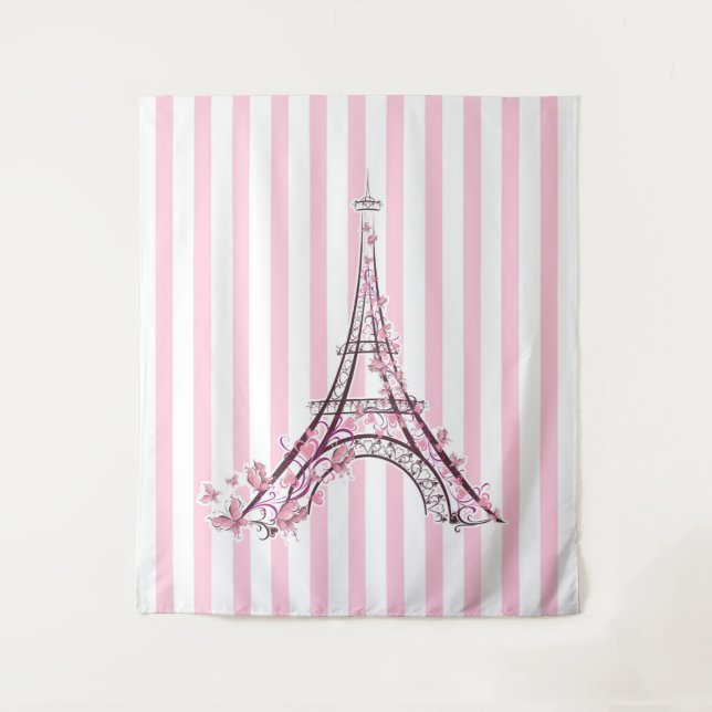 Pink Hearts & Butterflies Paris Eiffel Tower Girls Tapestry (Front)