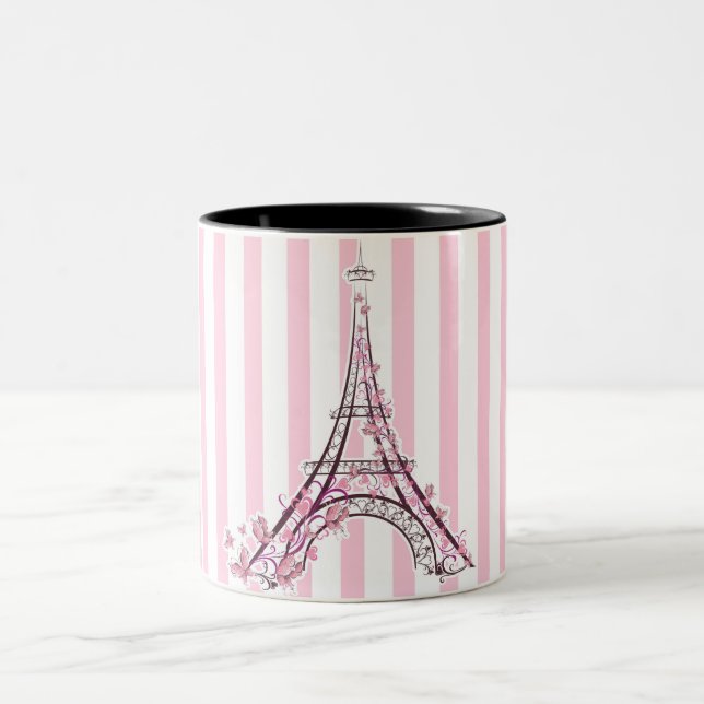 Pink Hearts & Butterflies Paris Eiffel Tower Two-Tone Coffee Mug (Center)